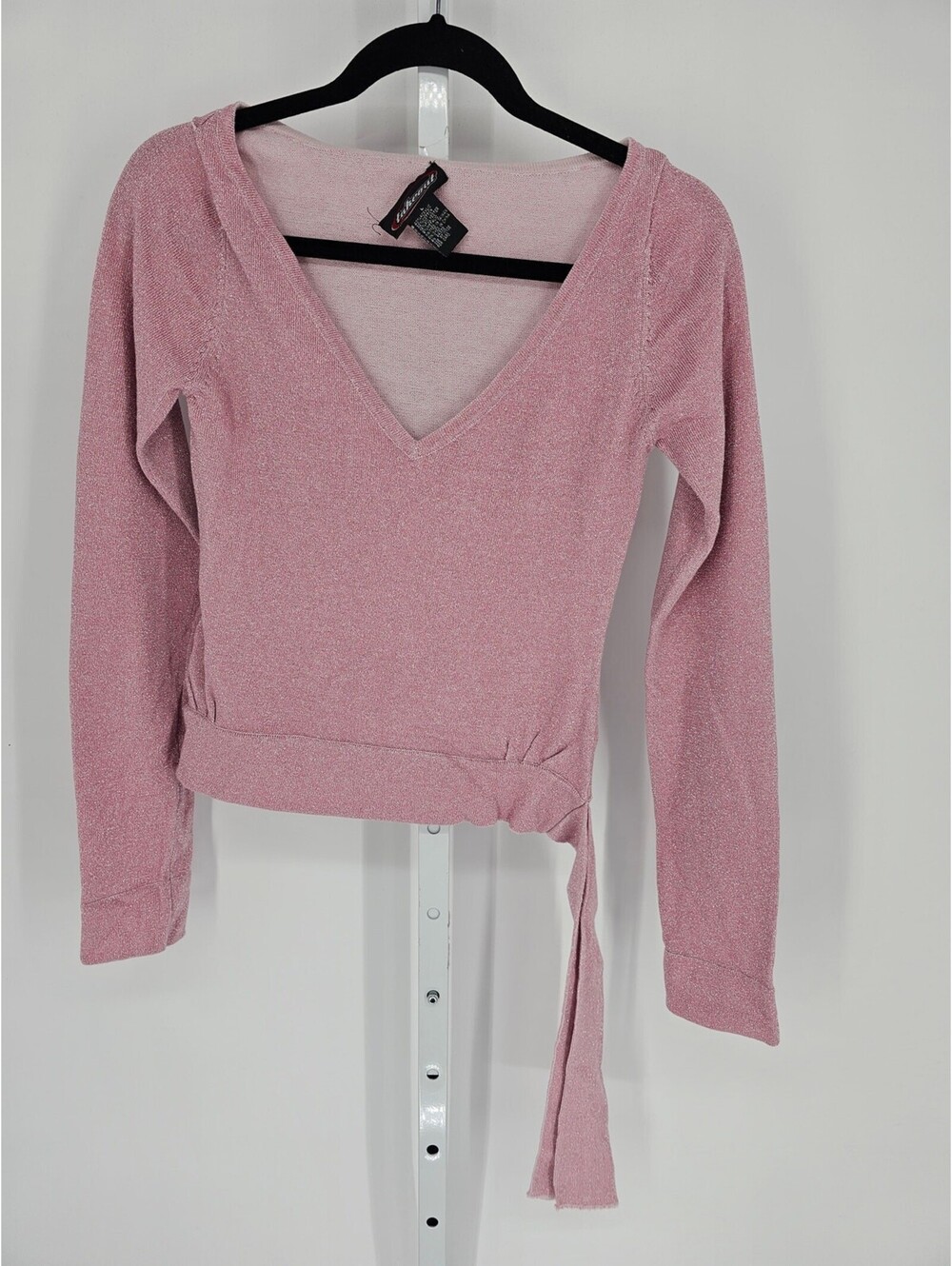 Y2K Takeout Women's Pink Cotton Blend V-Neck Tie Hem Long Sleeve Blouse Size L